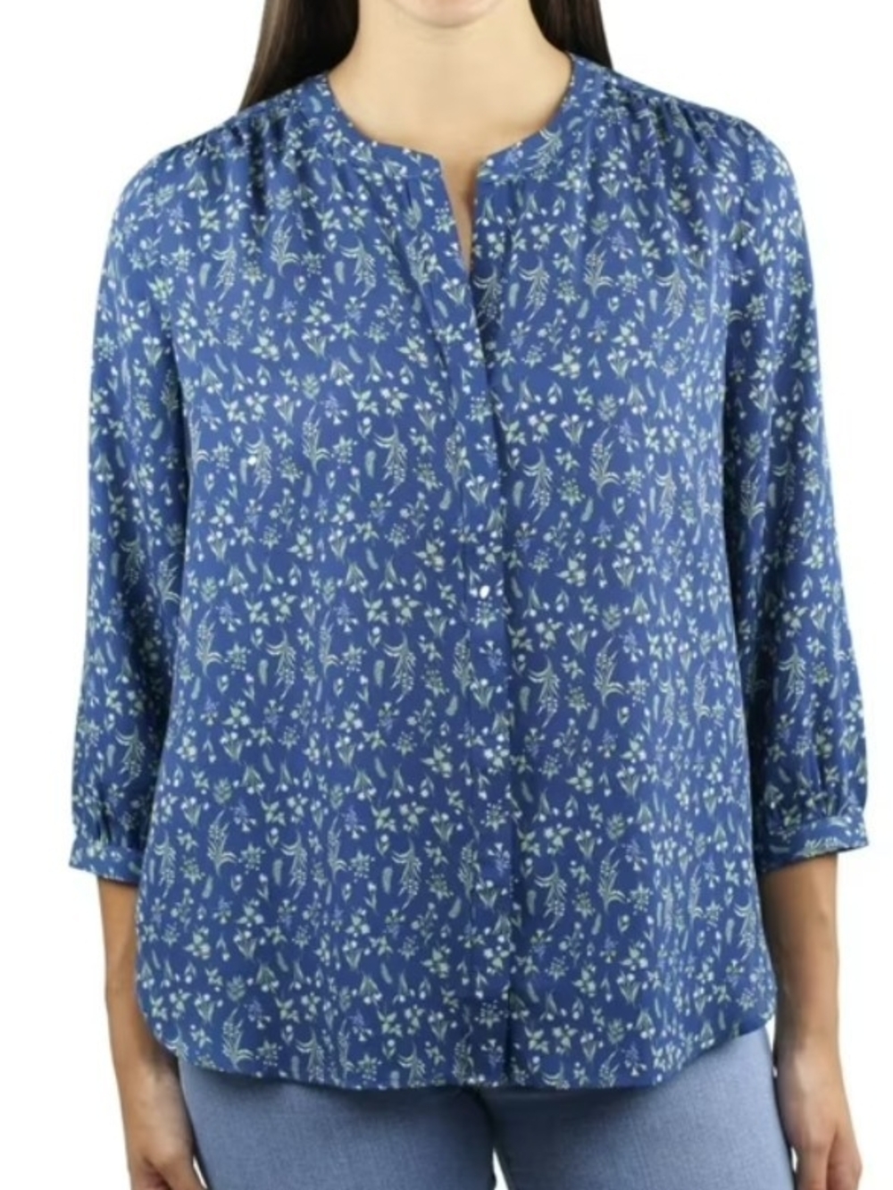 JACHS Girlfriend Blue Floral Split-Neck Hidden Button 3/4 Sleeve Blouse Large